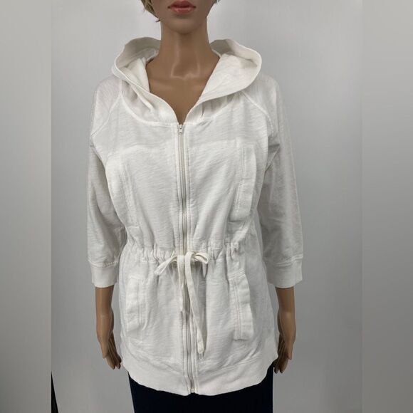 Norma Kamali Full Zip Front Drawstring Waist White Hoodie Size M 100% Cotton - Picture 3 of 8